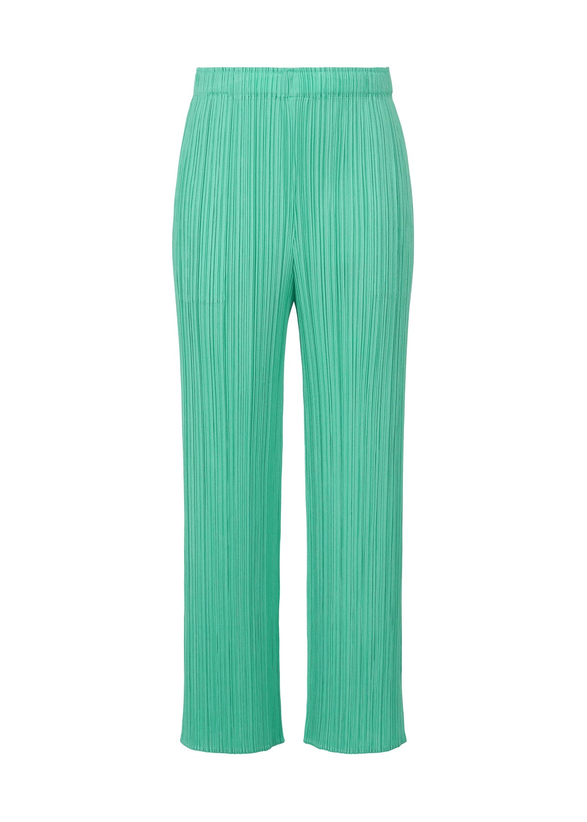 The MONTHLY COLORS : MAY green pleated wide-leg pants by PLEATS PLEASE ISSEY MIYAKE feature subtle color gradations and an elastic waistband, perfect for summer, shown on a plain white background. view 3 of 11