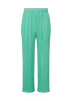 The MONTHLY COLORS : MAY green pleated wide-leg pants by PLEATS PLEASE ISSEY MIYAKE feature subtle color gradations and an elastic waistband, perfect for summer, shown on a plain white background. - TURQUOISE GREEN (no.66)