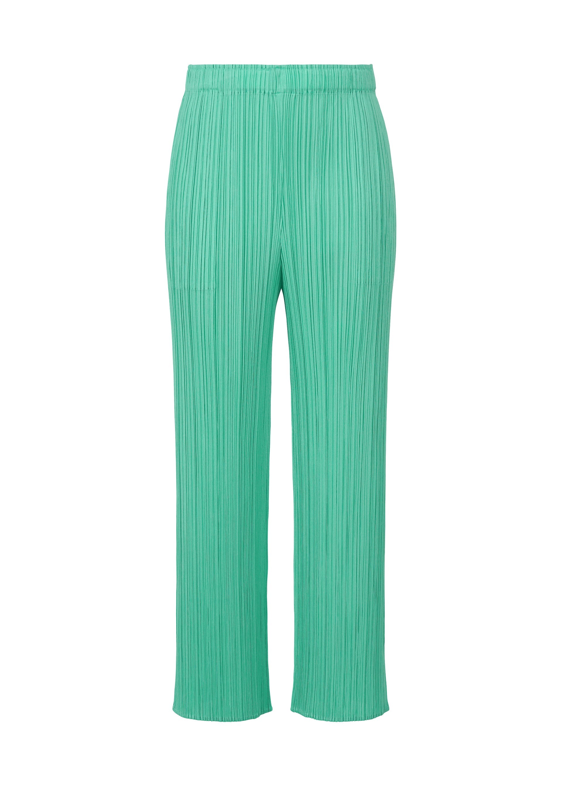 Zoomed view The MONTHLY COLORS : MAY green pleated wide-leg pants by PLEATS PLEASE ISSEY MIYAKE feature subtle color gradations and an elastic waistband, perfect for summer, shown on a plain white background. - TURQUOISE GREEN (no.66)