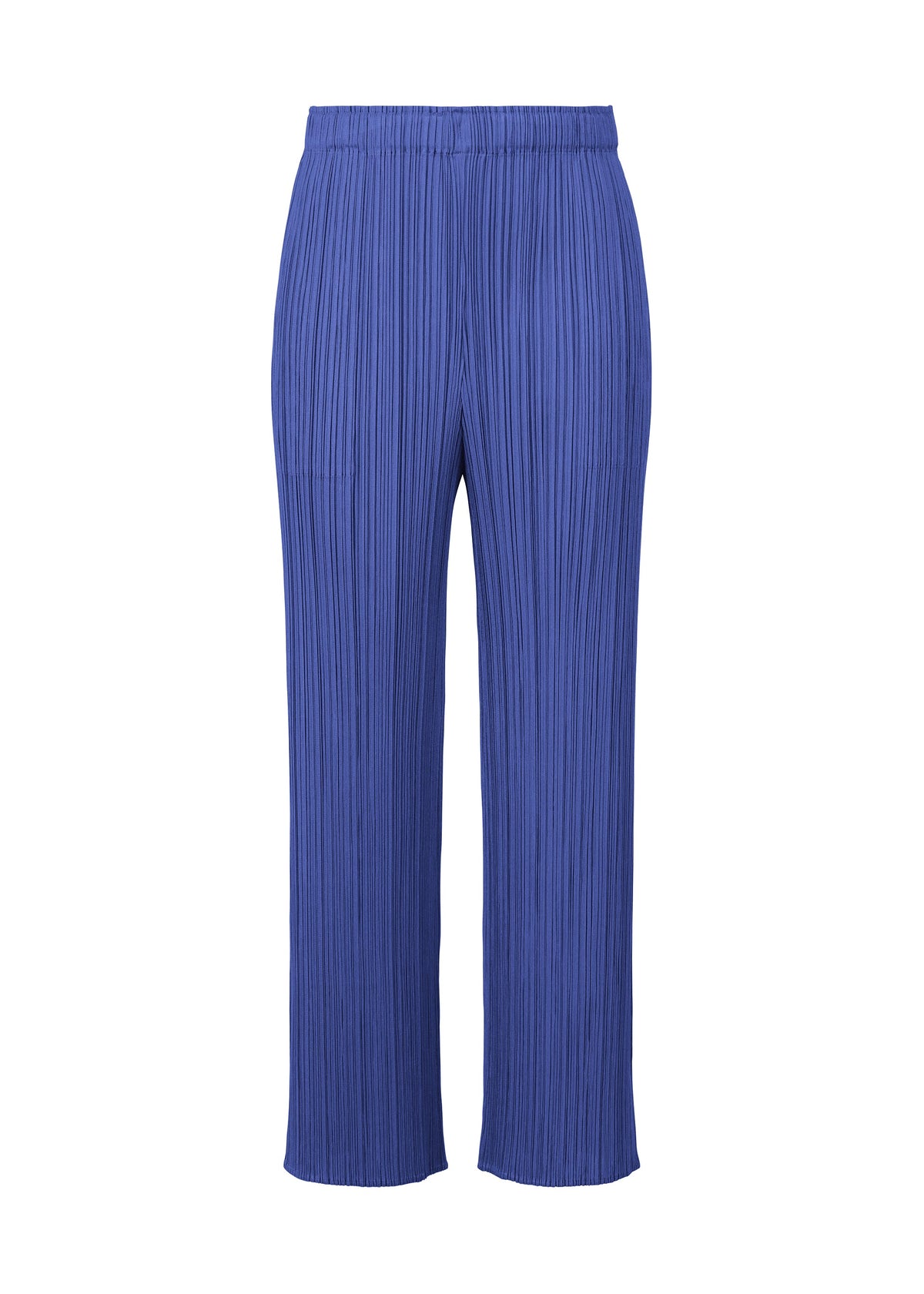 MONTHLY COLORS : MAY straight-leg pants by PLEATS PLEASE ISSEY MIYAKE in vibrant blue with color gradations, pleated texture, elastic waistband, and ankle-length hem—ideal for effortless summer style, shown on a white background. view 4 of 11