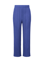MONTHLY COLORS : MAY straight-leg pants by PLEATS PLEASE ISSEY MIYAKE in vibrant blue with color gradations, pleated texture, elastic waistband, and ankle-length hem—ideal for effortless summer style, shown on a white background. - BLUE (no.72)
