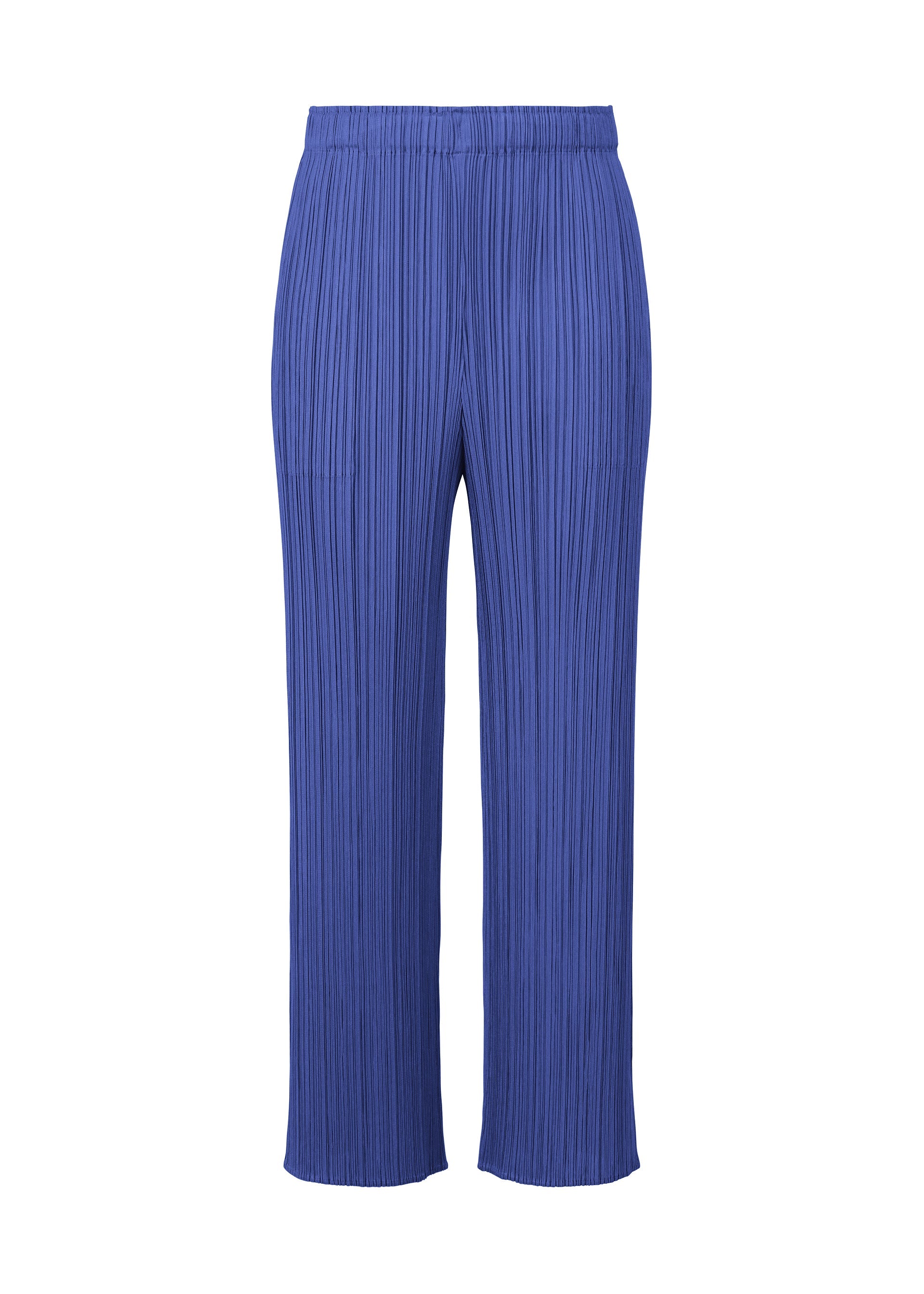 Zoomed view MONTHLY COLORS : MAY straight-leg pants by PLEATS PLEASE ISSEY MIYAKE in vibrant blue with color gradations, pleated texture, elastic waistband, and ankle-length hem—ideal for effortless summer style, shown on a white background. - BLUE (no.72)
