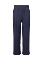 MONTHLY COLORS : MAY by PLEATS PLEASE ISSEY MIYAKE features navy blue pleated straight pants with a relaxed fit and elastic waistband, ideal for summer, shown against a white background. - NAVY (no.75)
