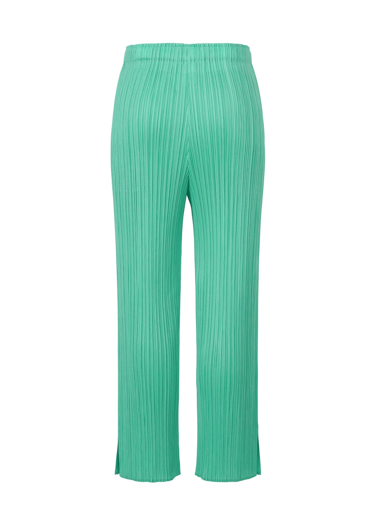 The MONTHLY COLORS : MAY straight pants by PLEATS PLEASE ISSEY MIYAKE feature bright green pleats, subtle color gradations, an elastic waistband, and hem slits—ideal for summer style, shown on a white background. view 6 of 11