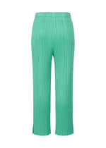 The MONTHLY COLORS : MAY straight pants by PLEATS PLEASE ISSEY MIYAKE feature bright green pleats, subtle color gradations, an elastic waistband, and hem slits—ideal for summer style, shown on a white background.