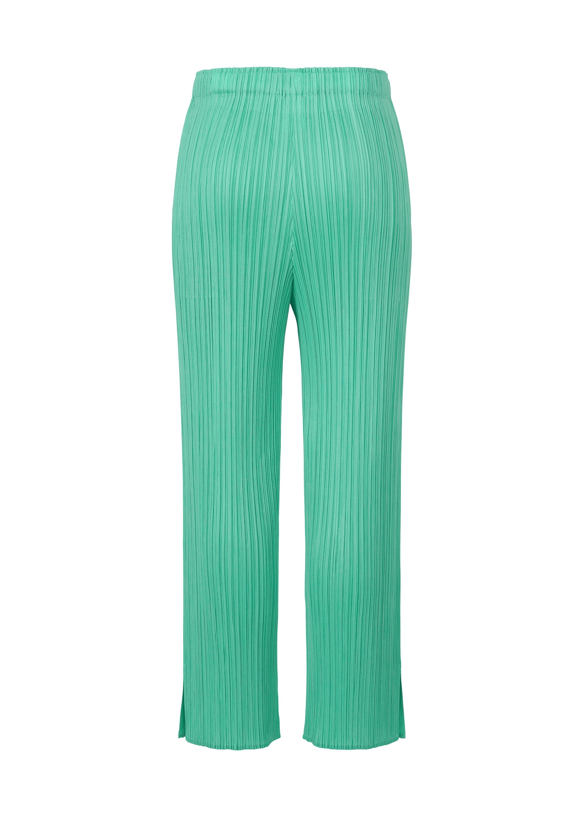 Zoomed view The MONTHLY COLORS : MAY straight pants by PLEATS PLEASE ISSEY MIYAKE feature bright green pleats, subtle color gradations, an elastic waistband, and hem slits—ideal for summer style, shown on a white background.