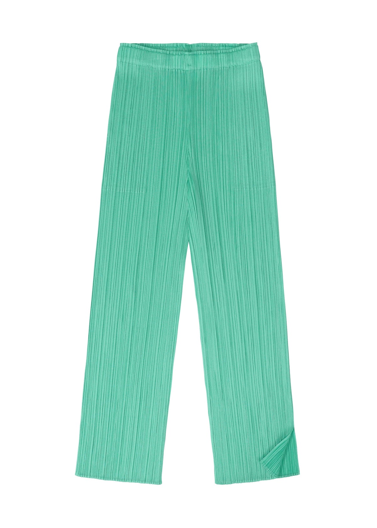 The MONTHLY COLORS : MAY pleated, loose-fit, straight-leg mint green pants by PLEATS PLEASE ISSEY MIYAKE are laid flat on a white background—perfect for summer style. view 7 of 11