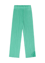 The MONTHLY COLORS : MAY pleated, loose-fit, straight-leg mint green pants by PLEATS PLEASE ISSEY MIYAKE are laid flat on a white background—perfect for summer style.