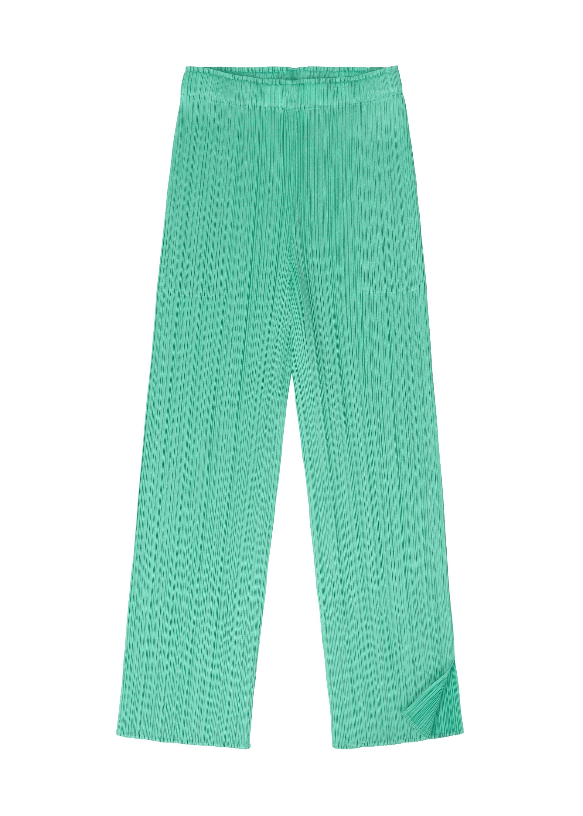 Zoomed view The MONTHLY COLORS : MAY pleated, loose-fit, straight-leg mint green pants by PLEATS PLEASE ISSEY MIYAKE are laid flat on a white background—perfect for summer style.