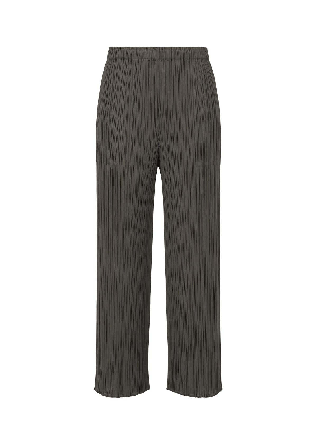 The MONTHLY COLORS : JUNE pants by PLEATS PLEASE ISSEY MIYAKE feature a relaxed wide-leg fit, vertical pleats, side pockets, and an elastic waistband in dark gray, shown on a plain white background for everyday style. view 3 of 10