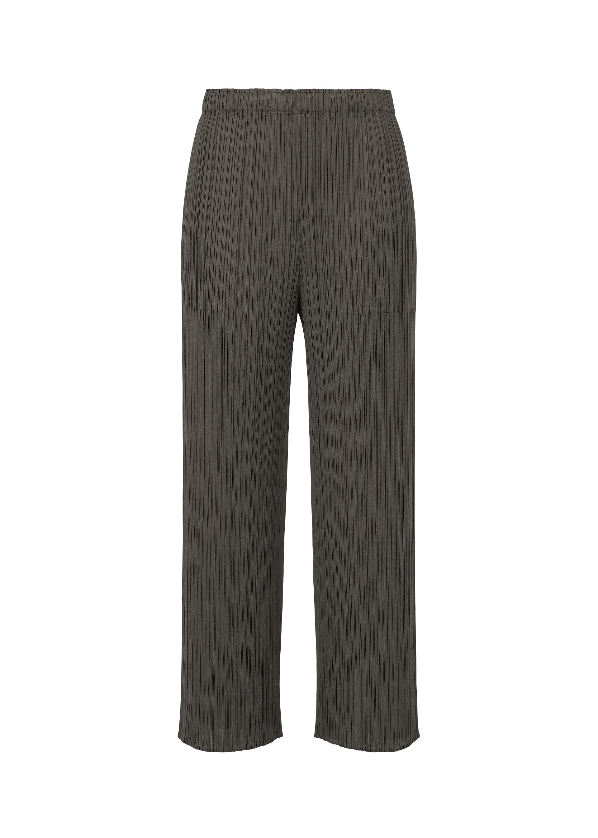 Zoomed view The MONTHLY COLORS : JUNE pants by PLEATS PLEASE ISSEY MIYAKE feature a relaxed wide-leg fit, vertical pleats, side pockets, and an elastic waistband in dark gray, shown on a plain white background for everyday style. - CHARCOAL （no.17）