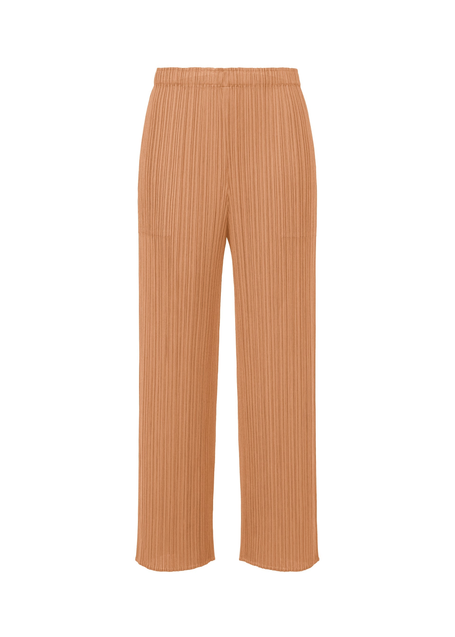 Zoomed view MONTHLY COLORS : JUNE by PLEATS PLEASE ISSEY MIYAKE features tan wide-leg pants with side pockets, an elastic waistband, and textured pleated fabric in soft coastal shades, shown on a white background. - PINK BEIGE （no.25）