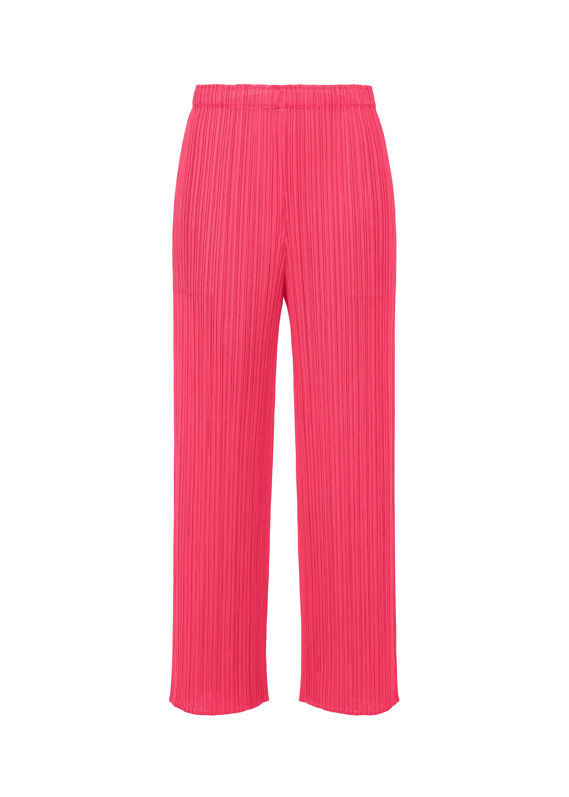 Zoomed view MONTHLY COLORS : JUNE by PLEATS PLEASE ISSEY MIYAKE: Bright pink wide-leg straight pants in coastal market hues with pleats, elastic waistband, side pockets, and no visible closures. Shown on a white background. - BRIGHT PINK （no.26）