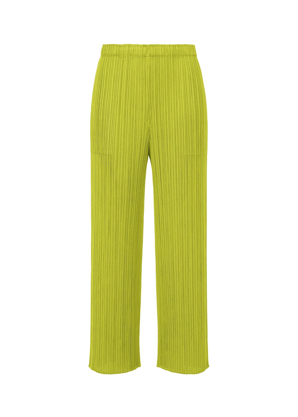The PLEATS PLEASE ISSEY MIYAKE MONTHLY COLORS : JUNE straight-leg lime green pleated pants feature side pockets and an elastic waistband, displayed against a white background for a fresh, vibrant look. view 4 of 10