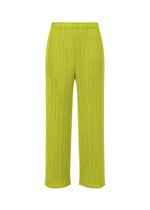 The PLEATS PLEASE ISSEY MIYAKE MONTHLY COLORS : JUNE straight-leg lime green pleated pants feature side pockets and an elastic waistband, displayed against a white background for a fresh, vibrant look. - YELLOW GREEN （no.64）