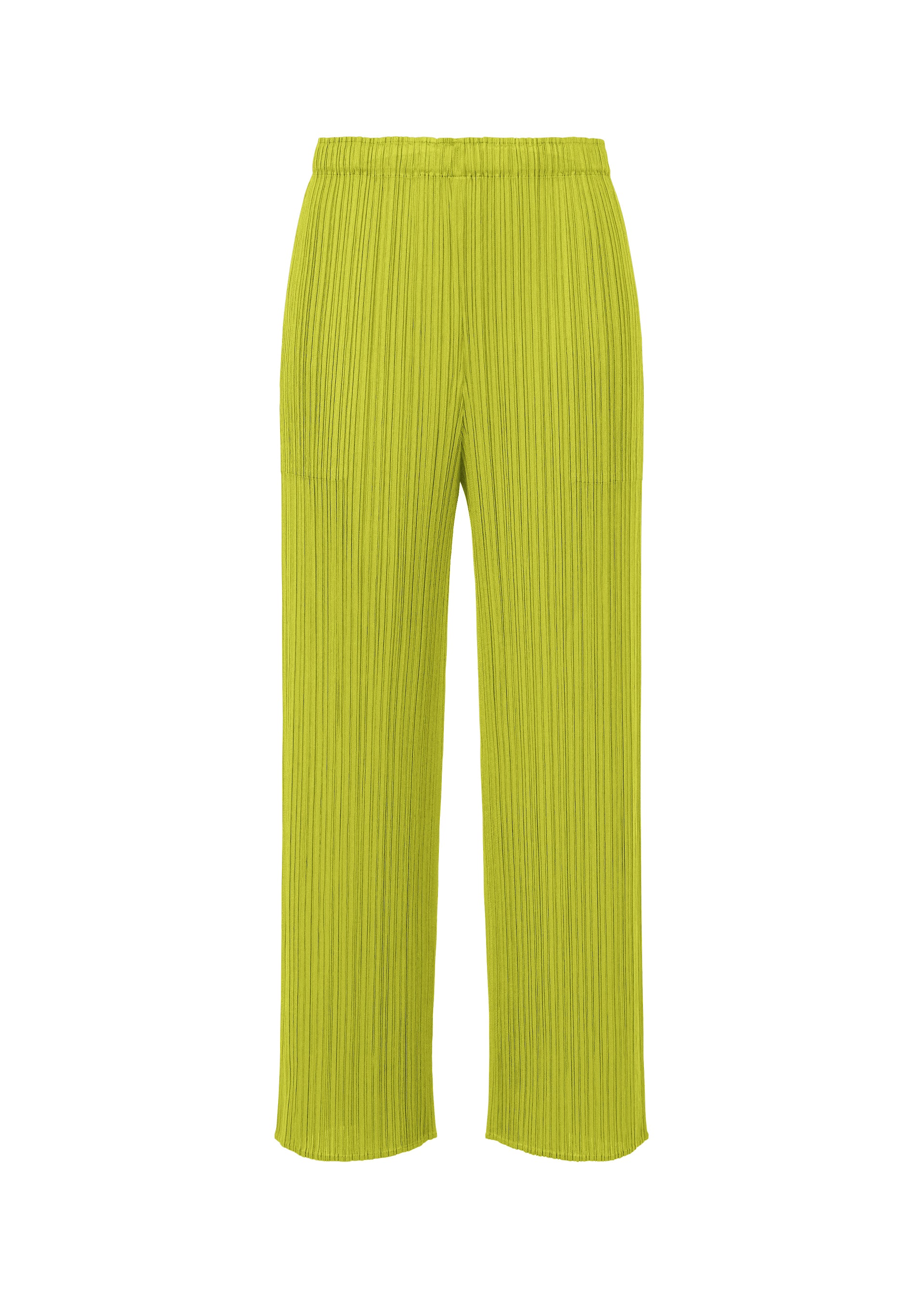 Zoomed view The PLEATS PLEASE ISSEY MIYAKE MONTHLY COLORS : JUNE straight-leg lime green pleated pants feature side pockets and an elastic waistband, displayed against a white background for a fresh, vibrant look. - YELLOW GREEN （no.64）