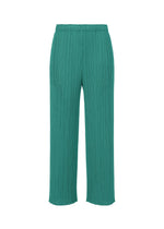MONTHLY COLORS : JUNE wide-leg green pleated pants by PLEATS PLEASE ISSEY MIYAKE, featuring side pockets and an elastic waistband, shown on a plain white background. - BLUE GREEN （no.69）