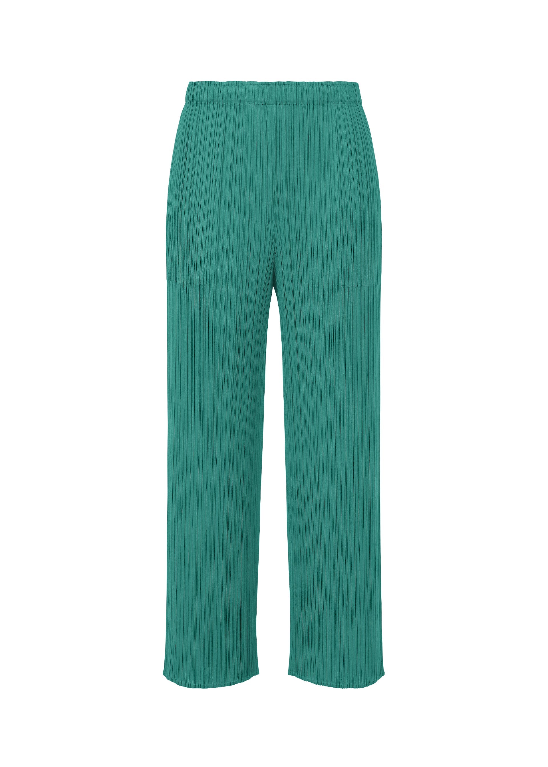 Zoomed view MONTHLY COLORS : JUNE wide-leg green pleated pants by PLEATS PLEASE ISSEY MIYAKE, featuring side pockets and an elastic waistband, shown on a plain white background. - BLUE GREEN （no.69）
