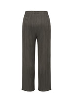 The MONTHLY COLORS : JUNE pants by PLEATS PLEASE ISSEY MIYAKE are dark gray, full-length with a wide-leg, vertical pleats, elastic waistband, side pockets, and a relaxed fit. Shown from the back.