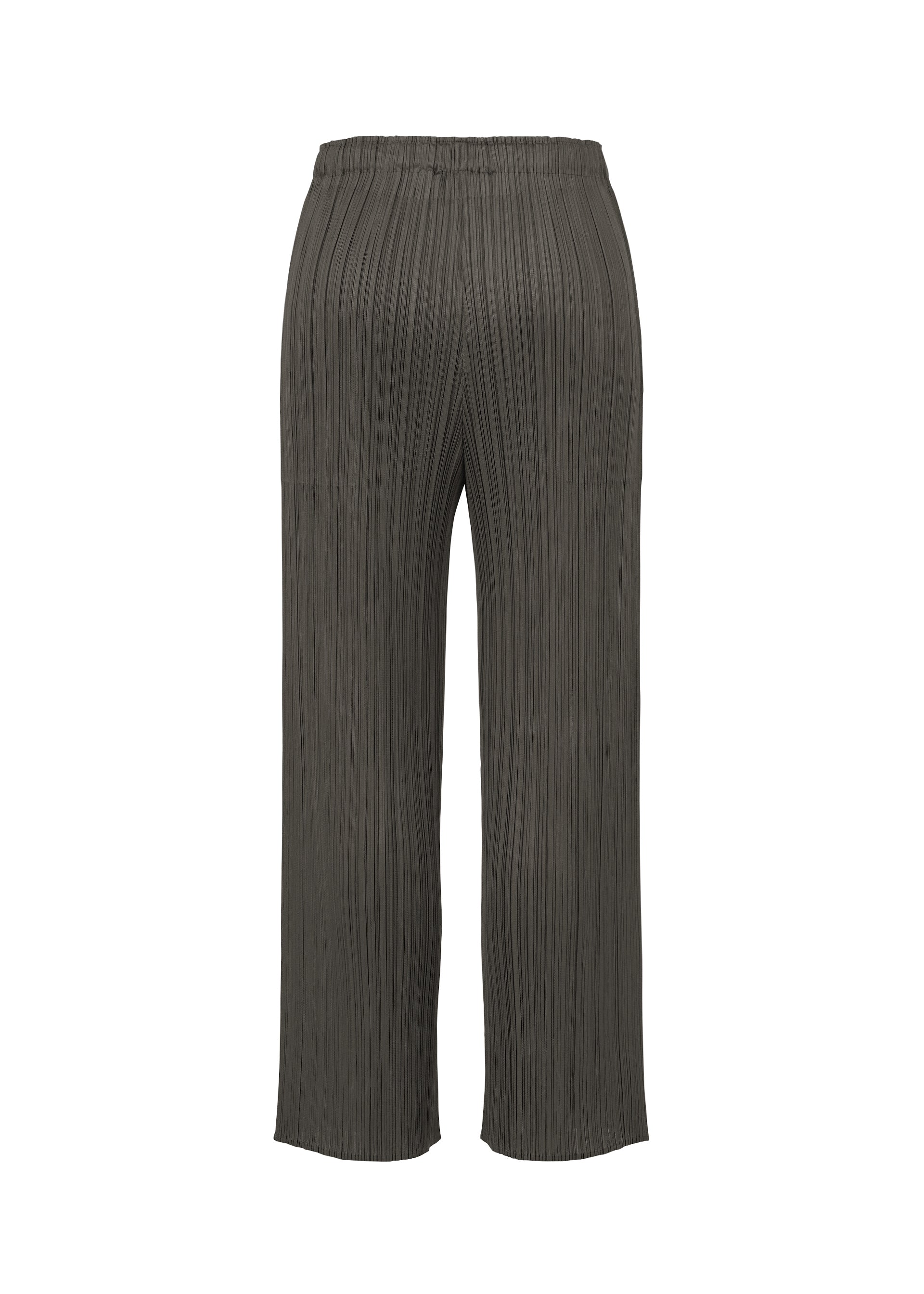 Zoomed view The MONTHLY COLORS : JUNE pants by PLEATS PLEASE ISSEY MIYAKE are dark gray, full-length with a wide-leg, vertical pleats, elastic waistband, side pockets, and a relaxed fit. Shown from the back.