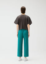 A person with short brown hair faces away, wearing PLEATS PLEASE ISSEY MIYAKE's MONTHLY COLORS : JUNE—loose black pleated shirt and teal tuck pants with pockets—paired with white sneakers, against a plain light background.