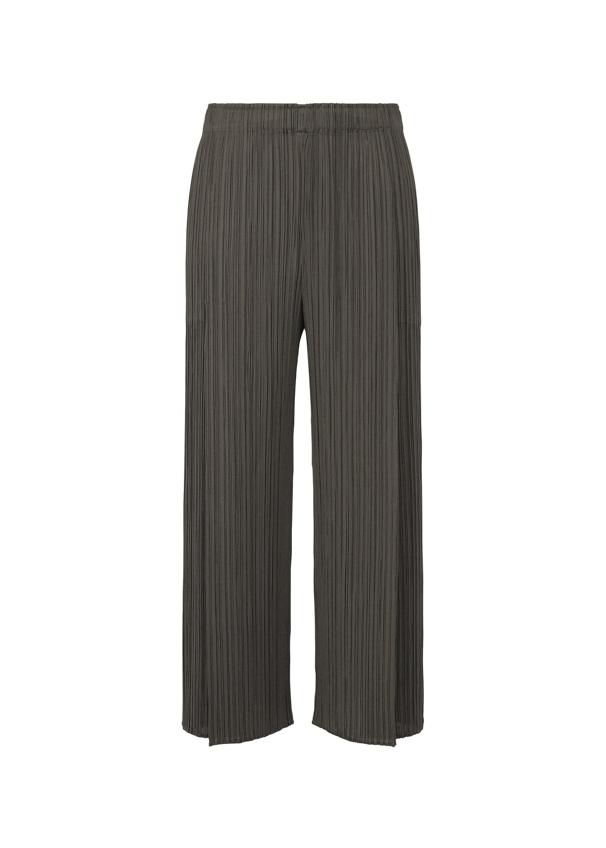 The MONTHLY COLORS : JUNE wide-leg, pleated pants from PLEATS PLEASE ISSEY MIYAKE feature a dark gray hue, elastic waistband, lightweight fabric, relaxed ankle-length fit, and handy pockets for everyday comfort. view 1 of 10