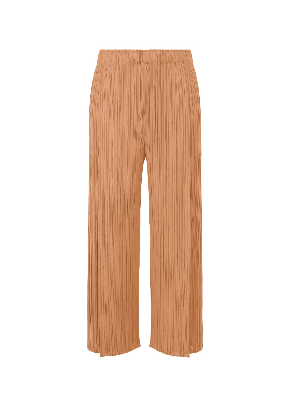 MONTHLY COLORS : JUNE by PLEATS PLEASE ISSEY MIYAKE—wide-leg, high-waisted light brown tuck pants with pleats, elastic waistband, and pockets. Shown against a white background in calming coastal hues. view 2 of 10