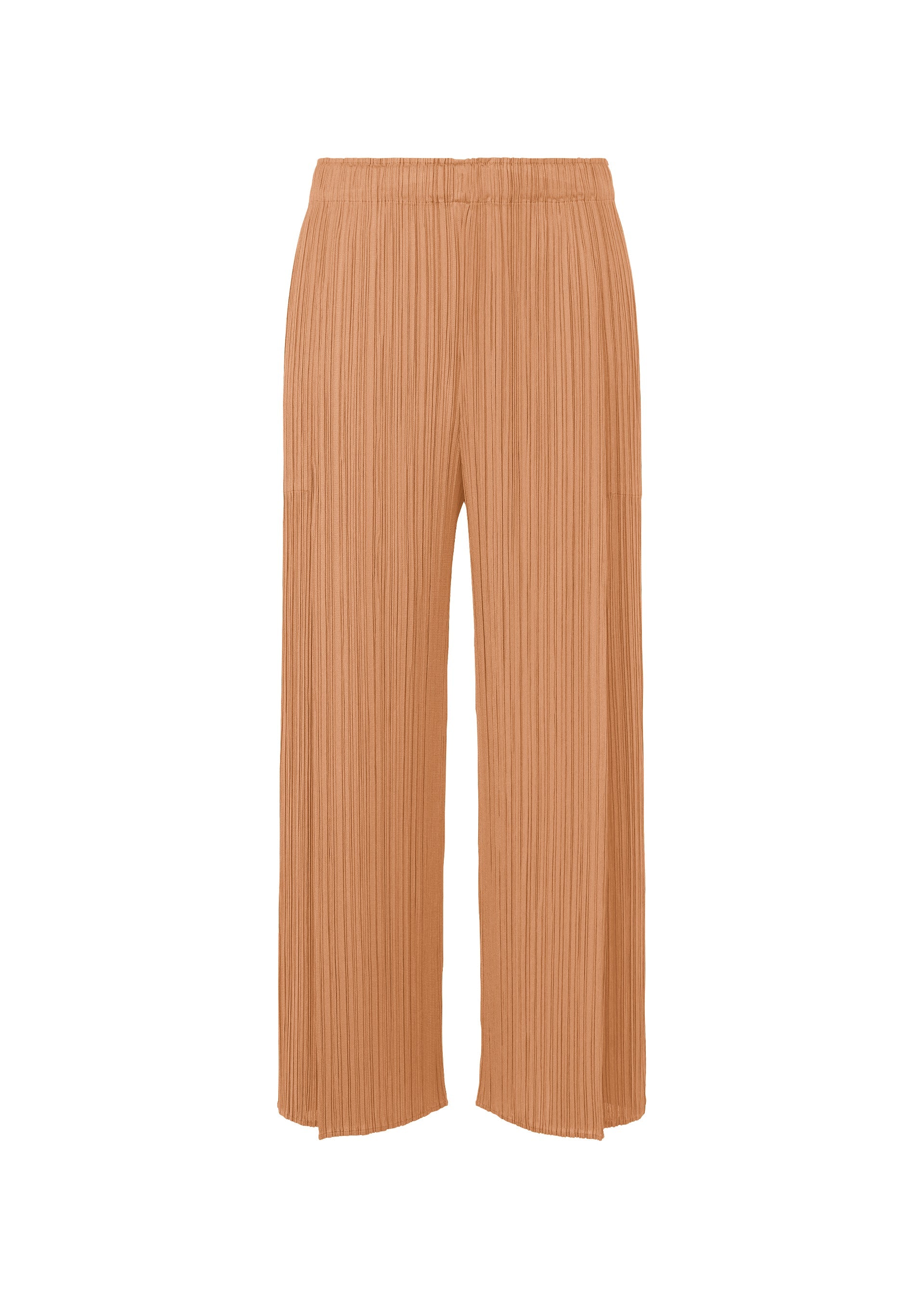 Zoomed view MONTHLY COLORS : JUNE by PLEATS PLEASE ISSEY MIYAKE—wide-leg, high-waisted light brown tuck pants with pleats, elastic waistband, and pockets. Shown against a white background in calming coastal hues. - PINK BEIGE （no.25）