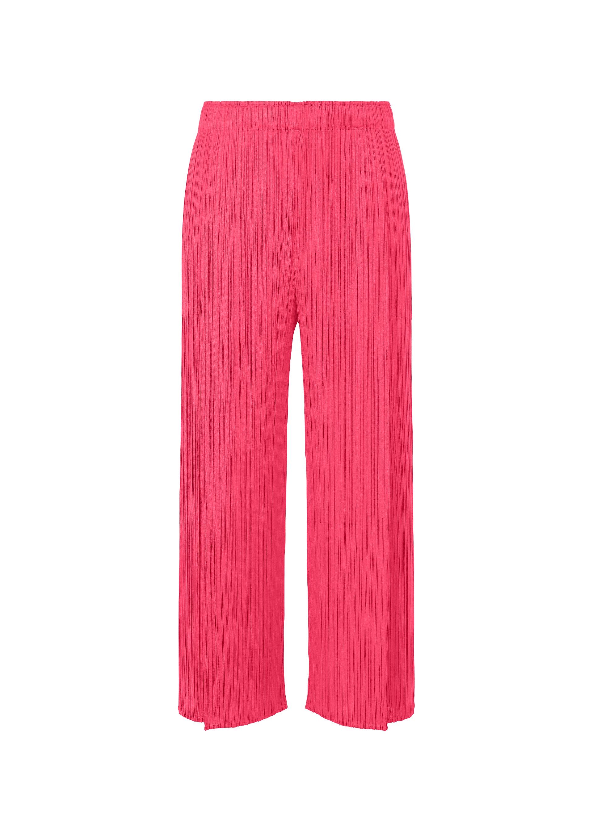 Zoomed view The MONTHLY COLORS : JUNE pants by PLEATS PLEASE ISSEY MIYAKE are bright pink, pleated, wide-leg, ankle-length pants with handy pockets and an elastic waistband. Displayed on a white background, they offer a relaxed fit perfect for vibrant coastal looks. - BRIGHT PINK （no.26）