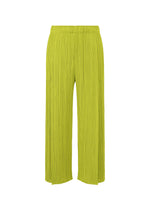 MONTHLY COLORS : JUNE by PLEATS PLEASE ISSEY MIYAKE features bright lime green pleated wide-leg tuck pants with an elastic waistband and pockets, shown on a white background—ideal for bringing coastal color to your style. - YELLOW GREEN （no.64）