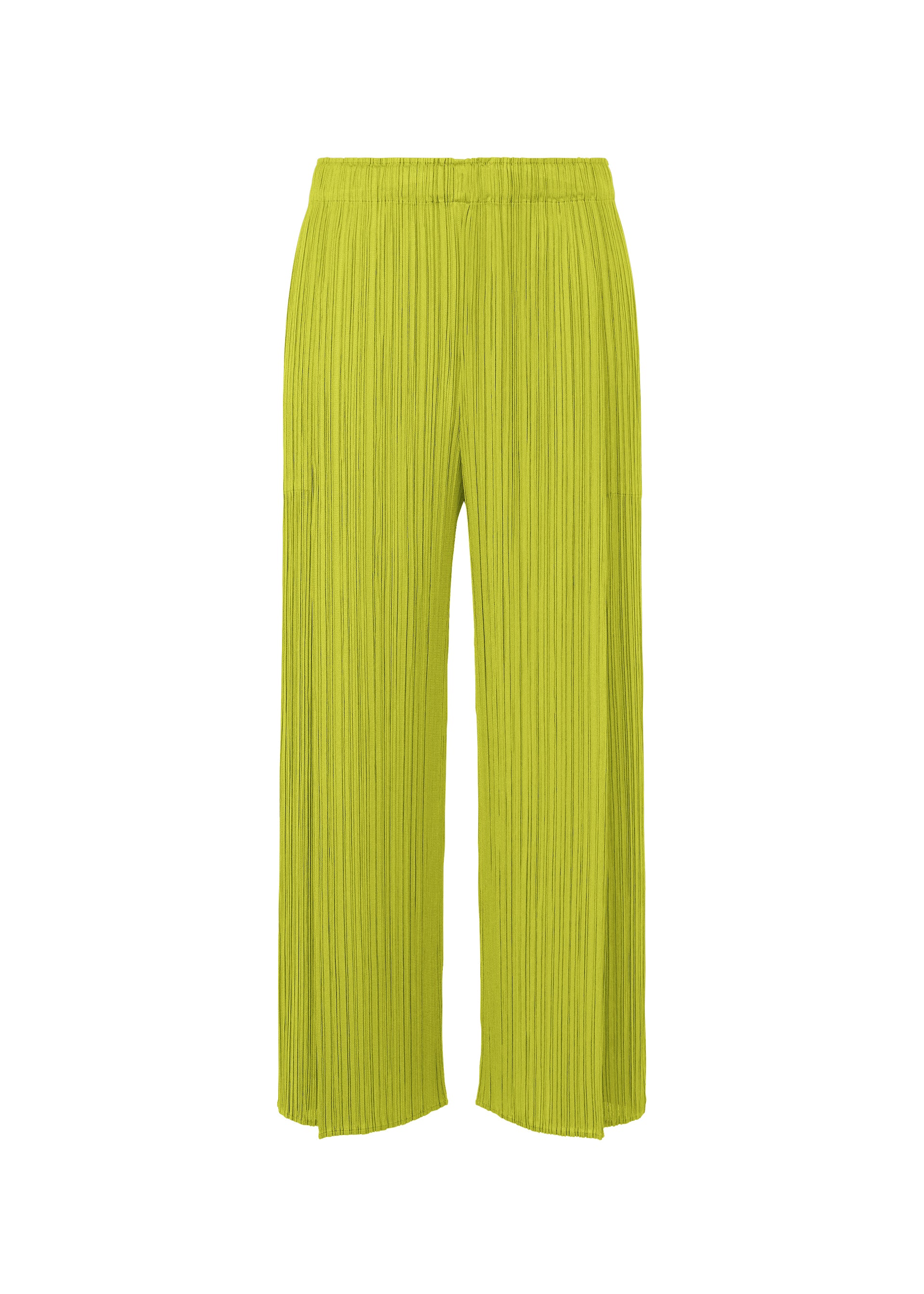 Zoomed view MONTHLY COLORS : JUNE by PLEATS PLEASE ISSEY MIYAKE features bright lime green pleated wide-leg tuck pants with an elastic waistband and pockets, shown on a white background—ideal for bringing coastal color to your style. - YELLOW GREEN （no.64）