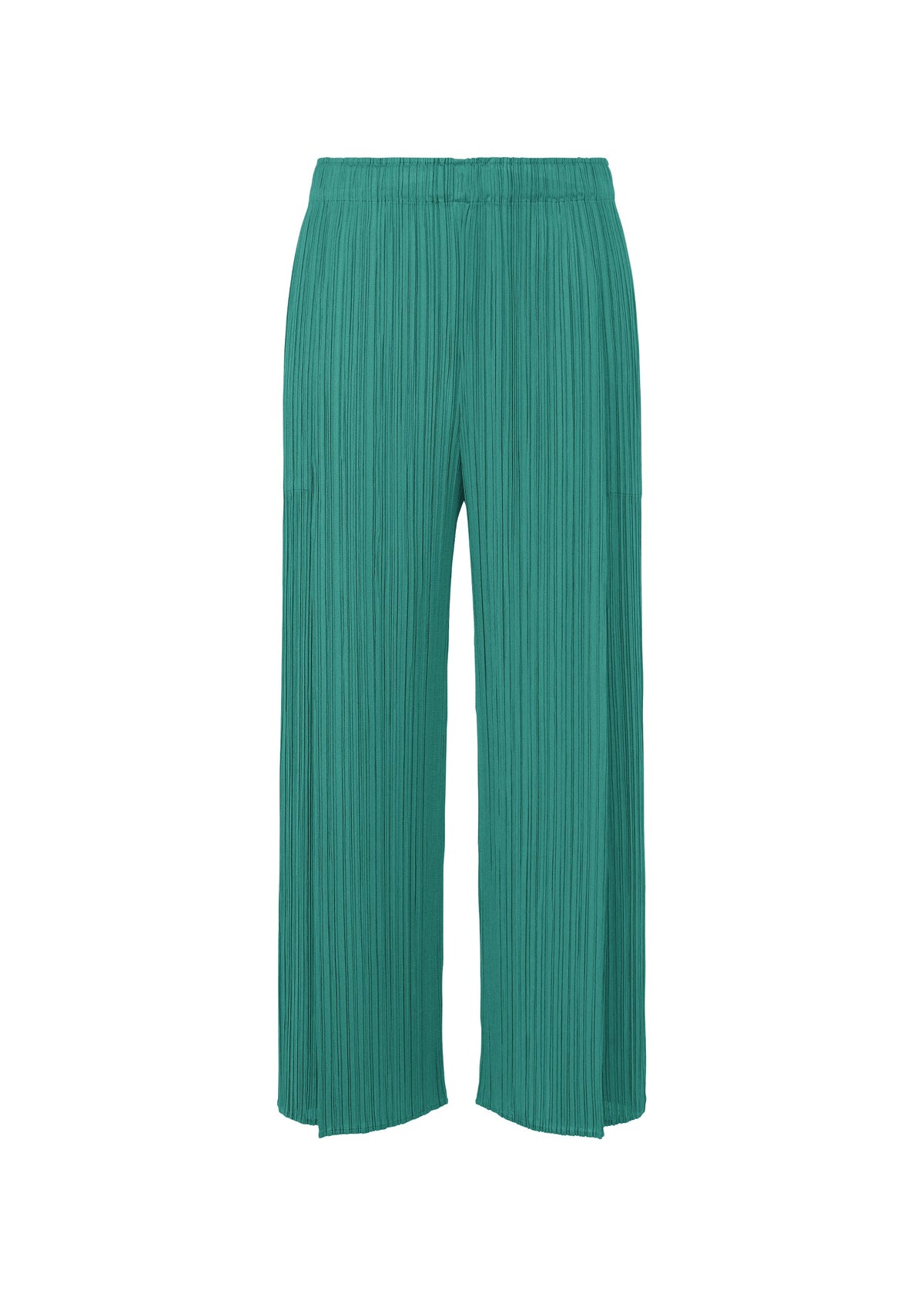 MONTHLY COLORS : JUNE by PLEATS PLEASE ISSEY MIYAKE features teal green pleated wide-leg tuck pants with an elastic waistband, ankle length, relaxed fit, and pockets, displayed on a white background in soft coastal hues. view 5 of 10