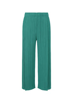 MONTHLY COLORS : JUNE by PLEATS PLEASE ISSEY MIYAKE features teal green pleated wide-leg tuck pants with an elastic waistband, ankle length, relaxed fit, and pockets, displayed on a white background in soft coastal hues. - BLUE GREEN （no.69）