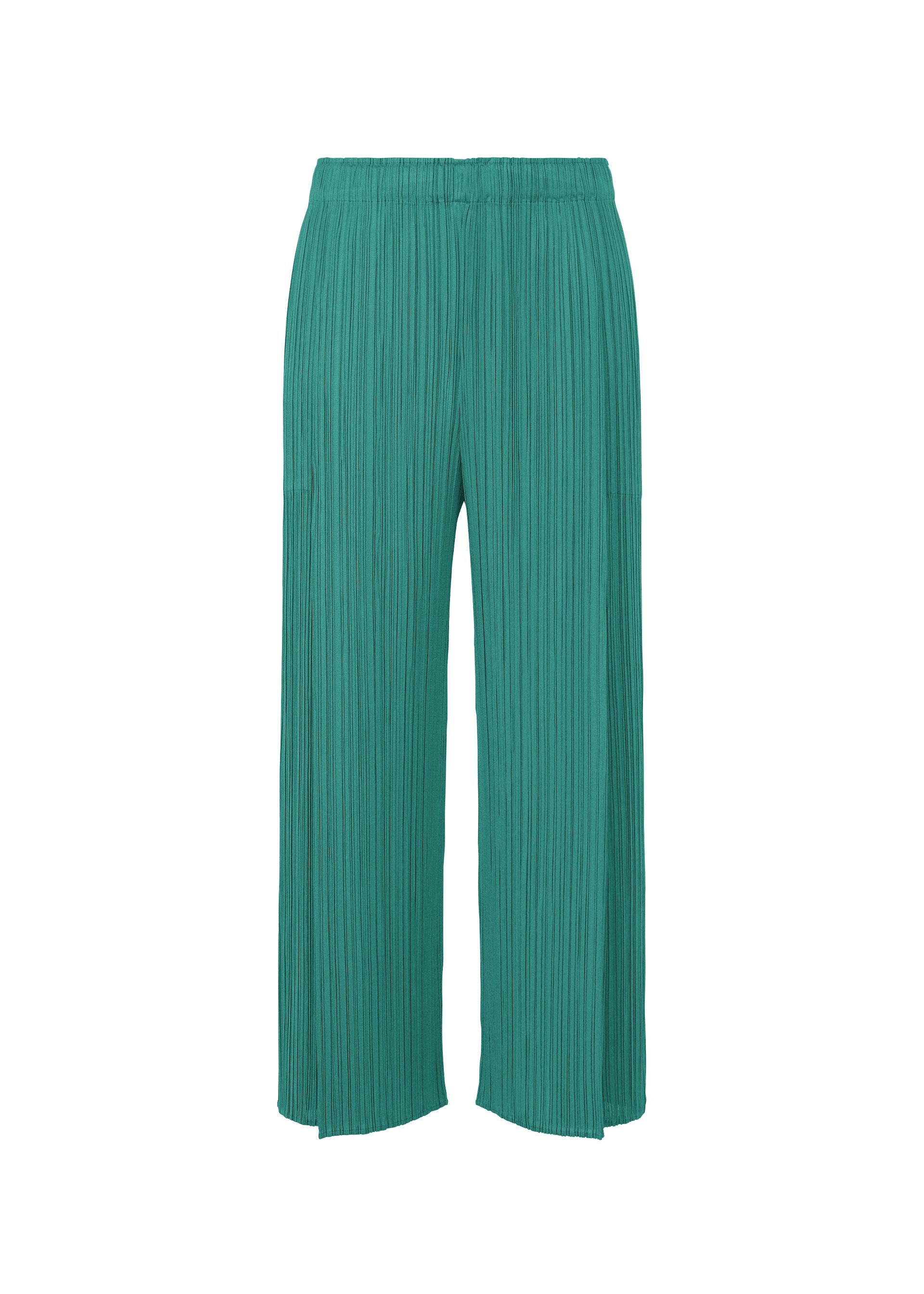 Zoomed view MONTHLY COLORS : JUNE by PLEATS PLEASE ISSEY MIYAKE features teal green pleated wide-leg tuck pants with an elastic waistband, ankle length, relaxed fit, and pockets, displayed on a white background in soft coastal hues. - BLUE GREEN （no.69）