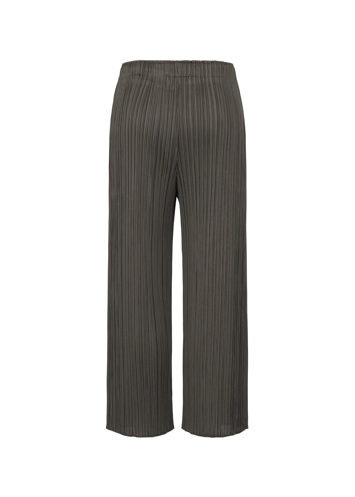 The MONTHLY COLORS : JUNE pants by PLEATS PLEASE ISSEY MIYAKE feature a dark gray pleated texture, elastic waistband, side pockets, and ankle-length cut, shown on a plain white background. view 6 of 10