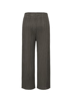 The MONTHLY COLORS : JUNE pants by PLEATS PLEASE ISSEY MIYAKE feature a dark gray pleated texture, elastic waistband, side pockets, and ankle-length cut, shown on a plain white background.