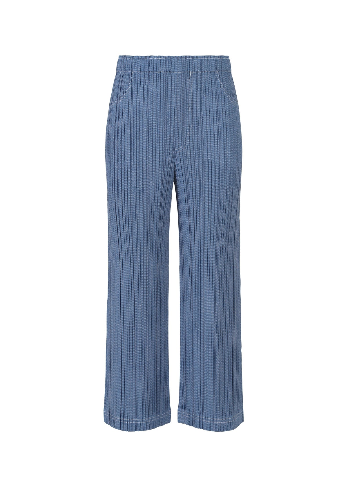 The COTTON DENIM wide-leg pants by PLEATS PLEASE ISSEY MIYAKE feature a vertical ribbed texture, elastic waistband, side pockets, and soft cotton-blend fabric for a denim-inspired look, shown against a white background. view 2 of 9