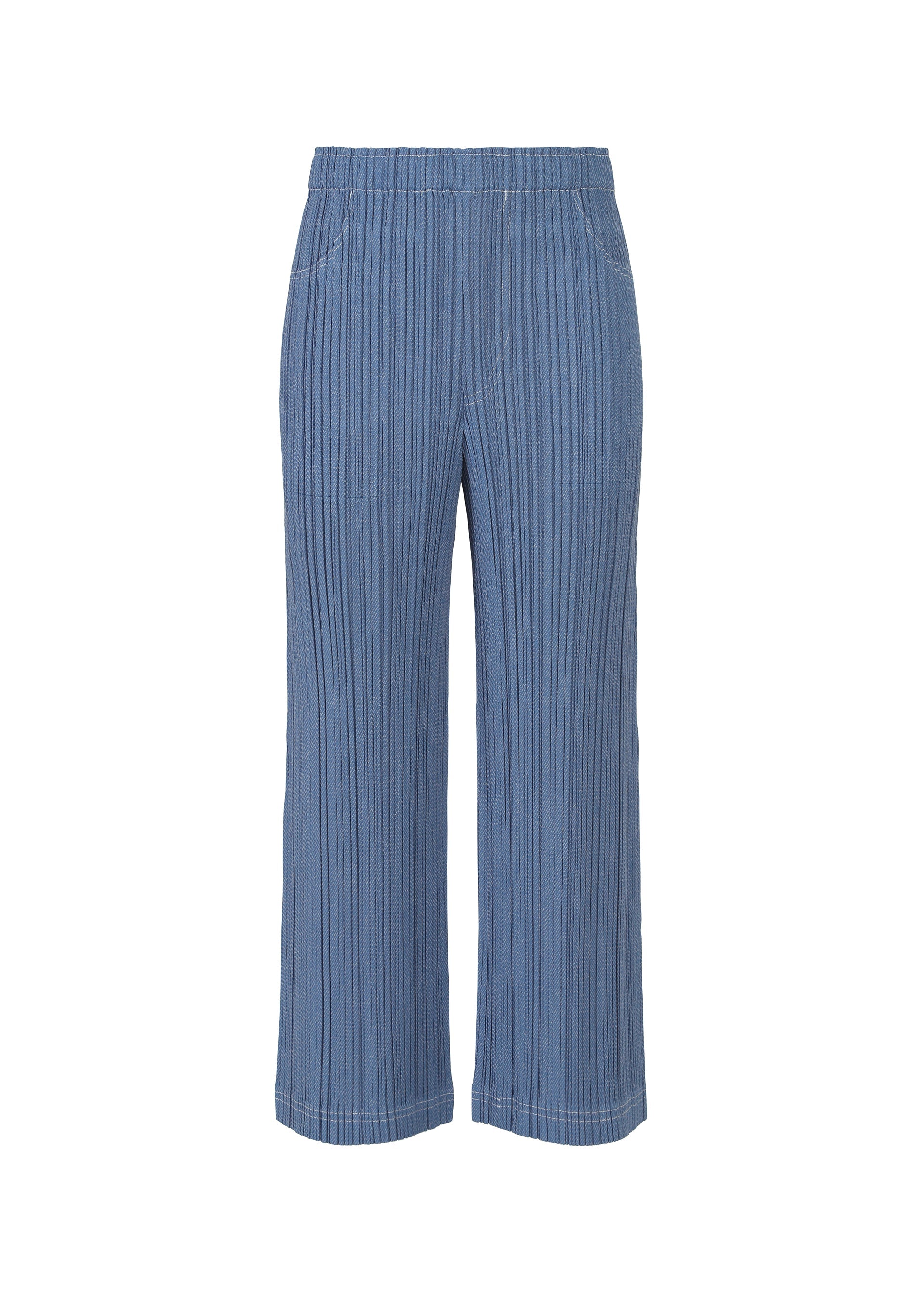 Zoomed view The COTTON DENIM wide-leg pants by PLEATS PLEASE ISSEY MIYAKE feature a vertical ribbed texture, elastic waistband, side pockets, and soft cotton-blend fabric for a denim-inspired look, shown against a white background. - BLUE (no.72)