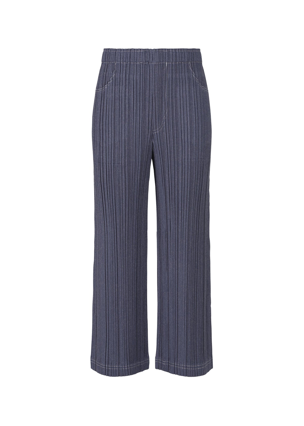 COTTON DENIM by PLEATS PLEASE ISSEY MIYAKE: Wide-leg, high-waisted pants with vertical navy and gray stripes, elastic waistband, and side pockets, shown against a white background. view 3 of 9
