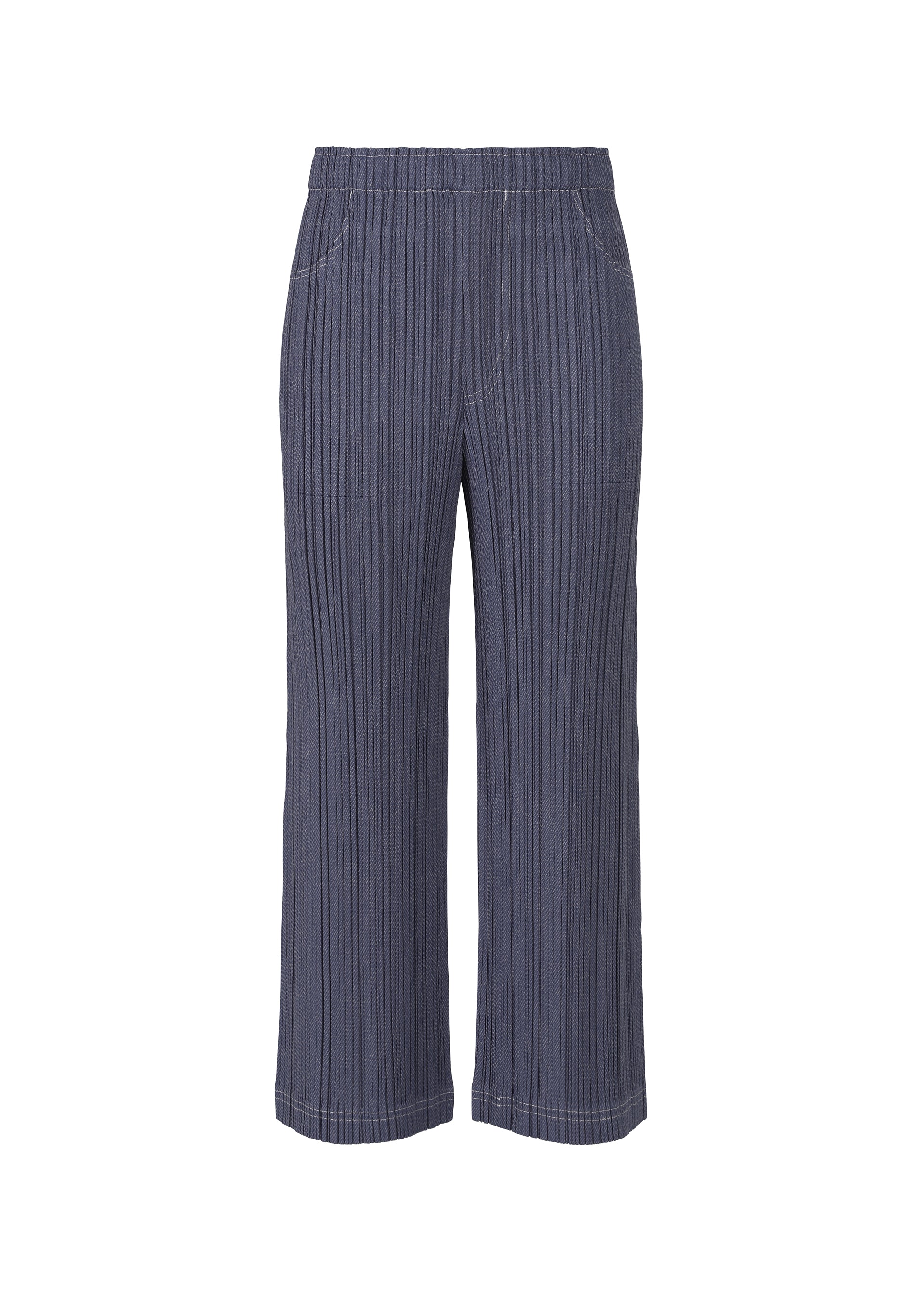 Zoomed view COTTON DENIM by PLEATS PLEASE ISSEY MIYAKE: Wide-leg, high-waisted pants with vertical navy and gray stripes, elastic waistband, and side pockets, shown against a white background. - NAVY (no.75)