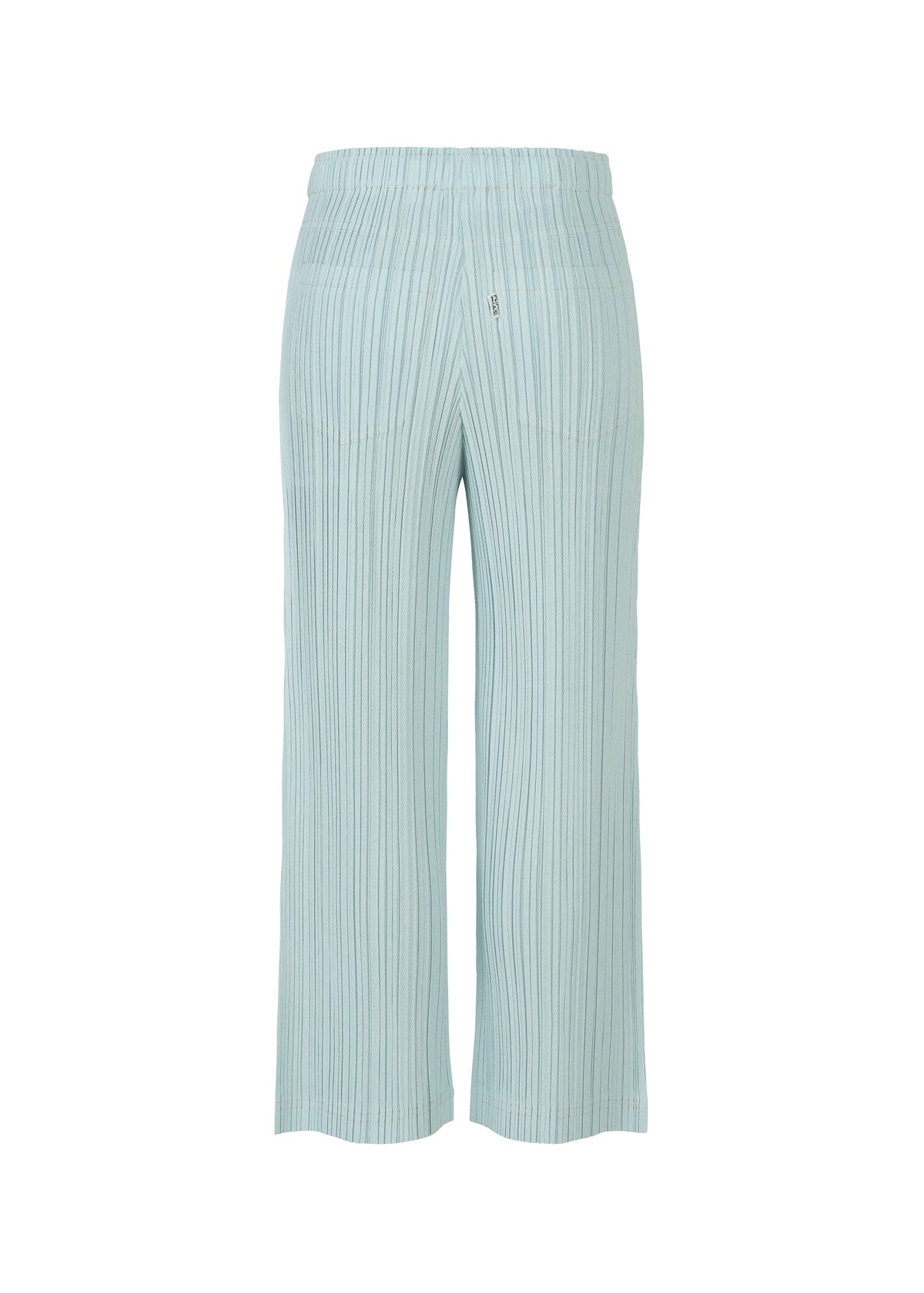 The COTTON DENIM wide pants by PLEATS PLEASE ISSEY MIYAKE feature a light blue, denim-inspired look with vertical pinstripes, an elastic waistband, back patch pockets, and soft cotton-blend fabric, shown on a white background. view 4 of 9
