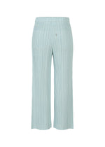 The COTTON DENIM wide pants by PLEATS PLEASE ISSEY MIYAKE feature a light blue, denim-inspired look with vertical pinstripes, an elastic waistband, back patch pockets, and soft cotton-blend fabric, shown on a white background.