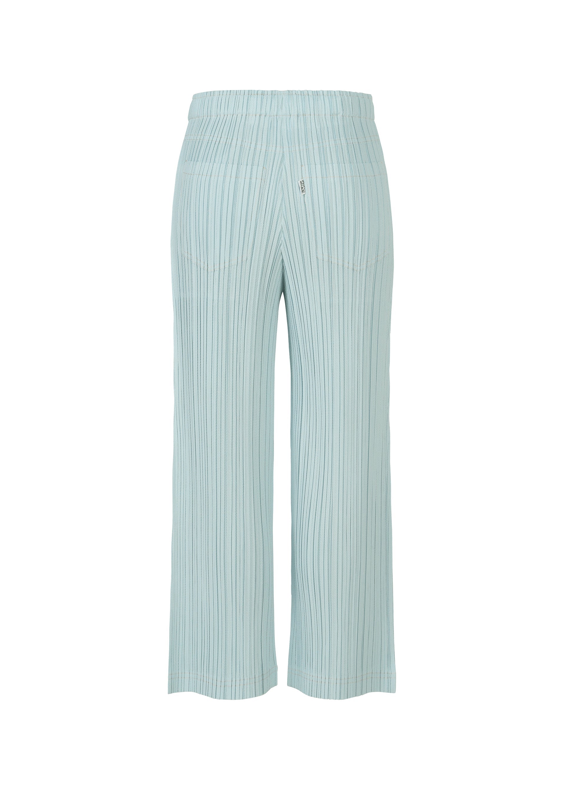 Zoomed view The COTTON DENIM wide pants by PLEATS PLEASE ISSEY MIYAKE feature a light blue, denim-inspired look with vertical pinstripes, an elastic waistband, back patch pockets, and soft cotton-blend fabric, shown on a white background.