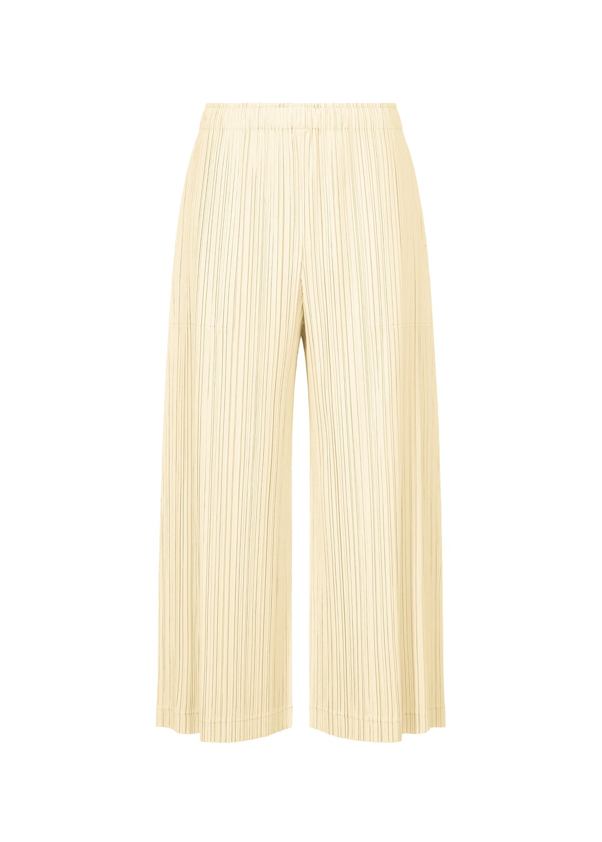 The OPAQUE BOTTOMS by PLEATS PLEASE ISSEY MIYAKE are wide-leg, cropped light beige pleated pants with a matte finish and elastic waistband, shown against a white background. view 1 of 8