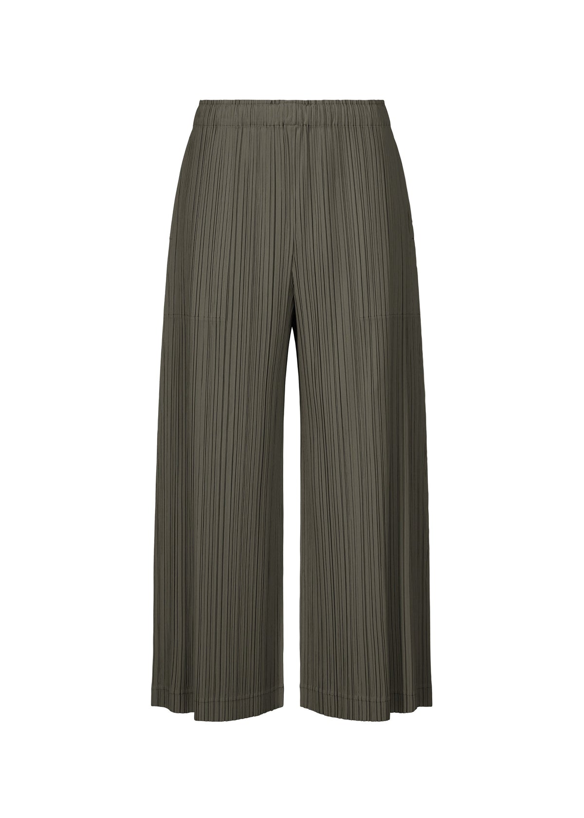 A pair of OPAQUE BOTTOMS by PLEATS PLEASE ISSEY MIYAKE—wide-leg, olive green pleated pants with a matte finish and elastic waistband—displayed against a white background. view 2 of 8
