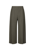 A pair of OPAQUE BOTTOMS by PLEATS PLEASE ISSEY MIYAKE—wide-leg, olive green pleated pants with a matte finish and elastic waistband—displayed against a white background. - CHARCOAL （no.17）