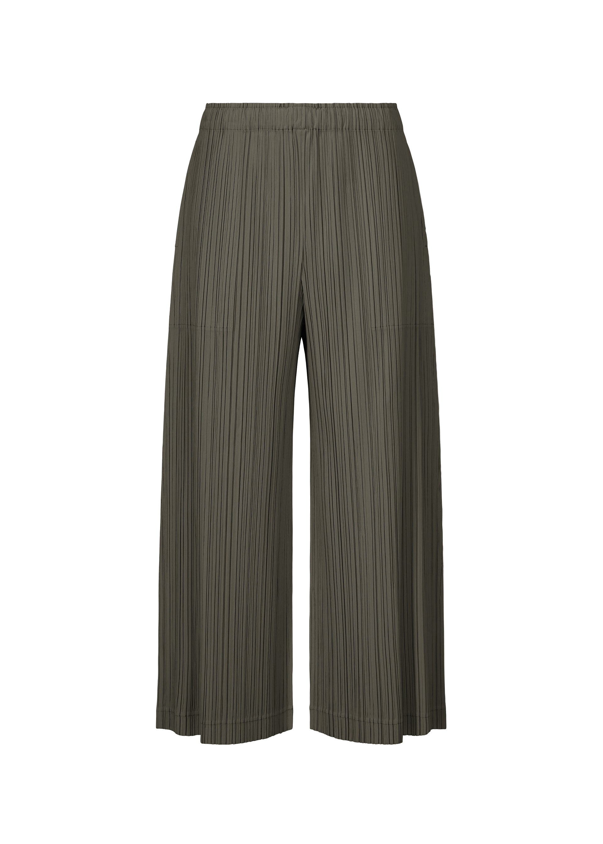Zoomed view A pair of OPAQUE BOTTOMS by PLEATS PLEASE ISSEY MIYAKE—wide-leg, olive green pleated pants with a matte finish and elastic waistband—displayed against a white background. - CHARCOAL （no.17）