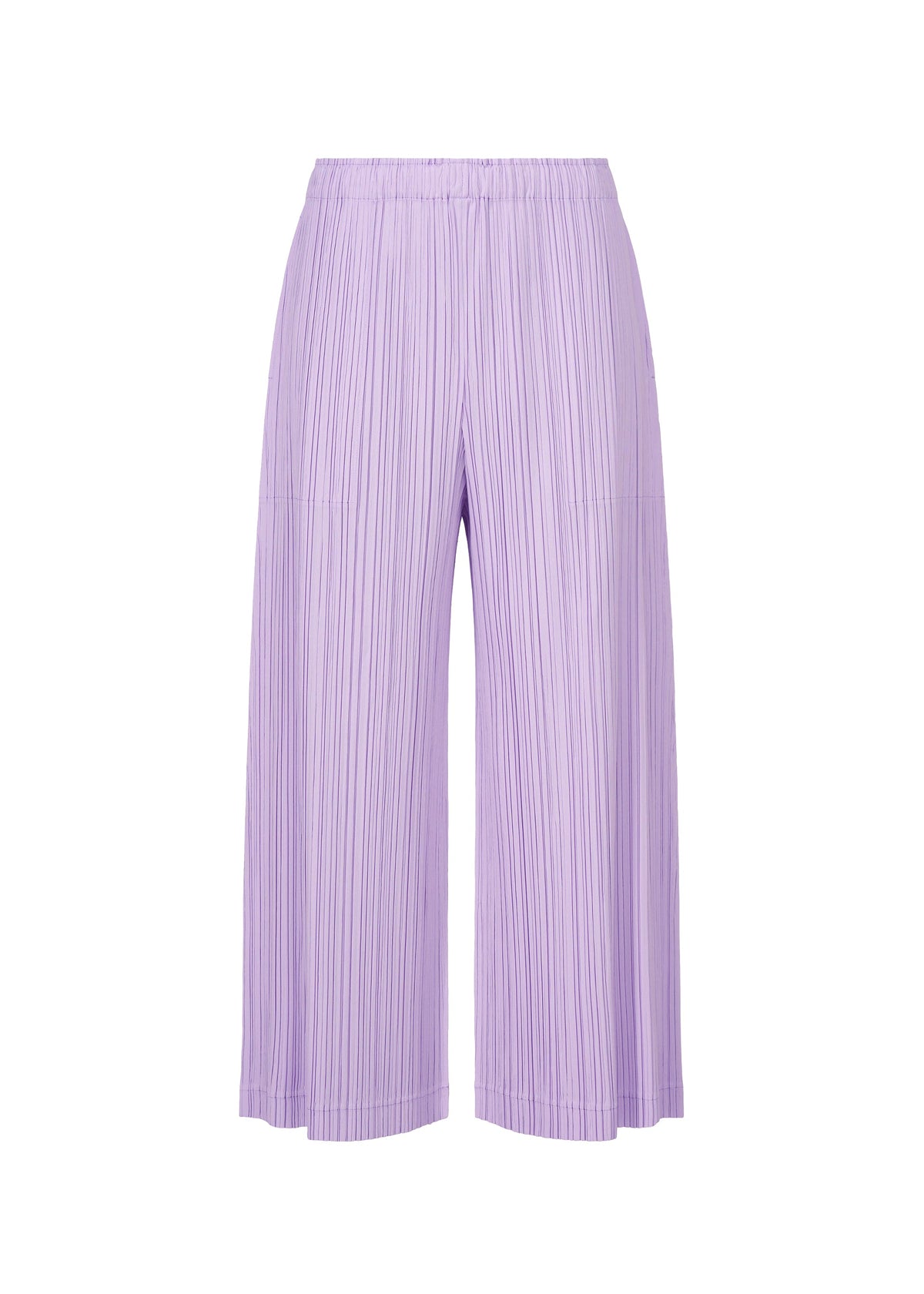 The OPAQUE BOTTOMS by PLEATS PLEASE ISSEY MIYAKE are light purple wide-leg pants with a matte finish, pleated design, and elastic waistband, shown against a plain white background. view 3 of 8
