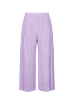 The OPAQUE BOTTOMS by PLEATS PLEASE ISSEY MIYAKE are light purple wide-leg pants with a matte finish, pleated design, and elastic waistband, shown against a plain white background. - LIGHT PURPLE （no.80）