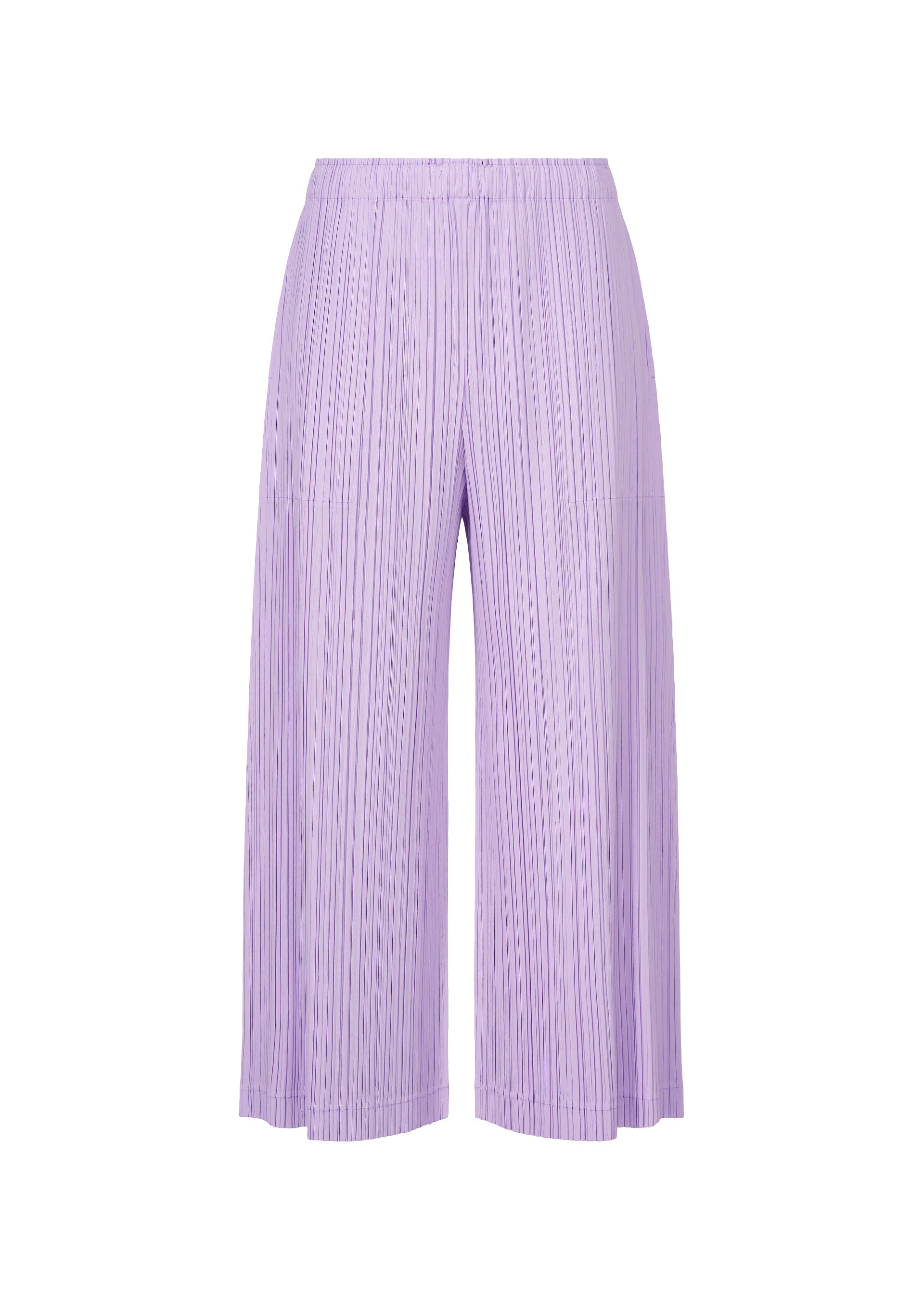 Zoomed view The OPAQUE BOTTOMS by PLEATS PLEASE ISSEY MIYAKE are light purple wide-leg pants with a matte finish, pleated design, and elastic waistband, shown against a plain white background. - LIGHT PURPLE （no.80）